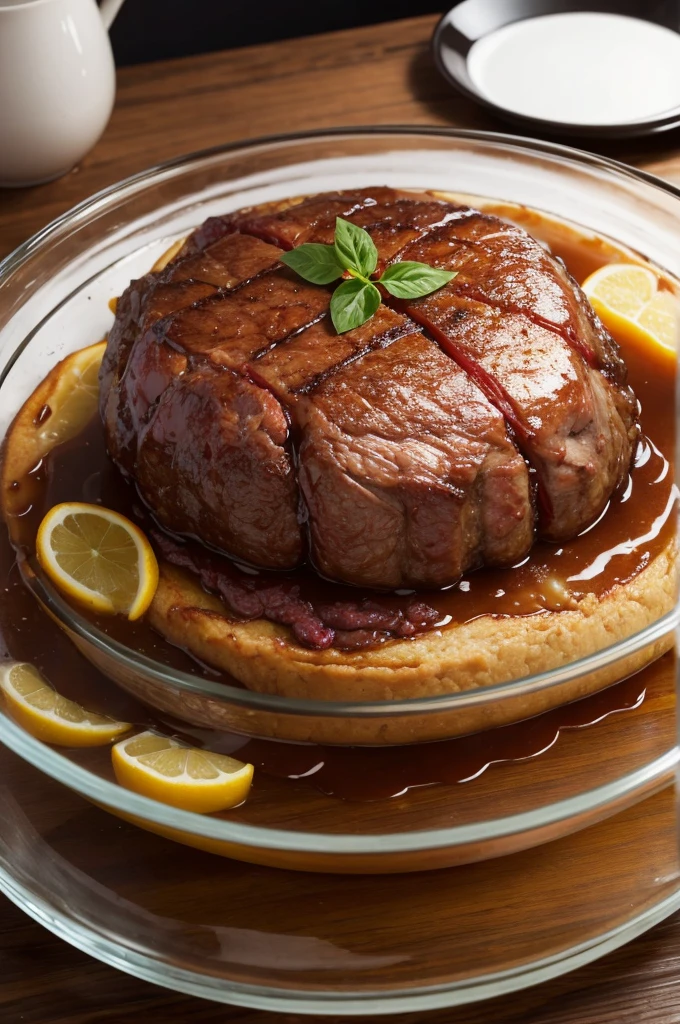 19kg of meat in a clear glass dish. very elegant