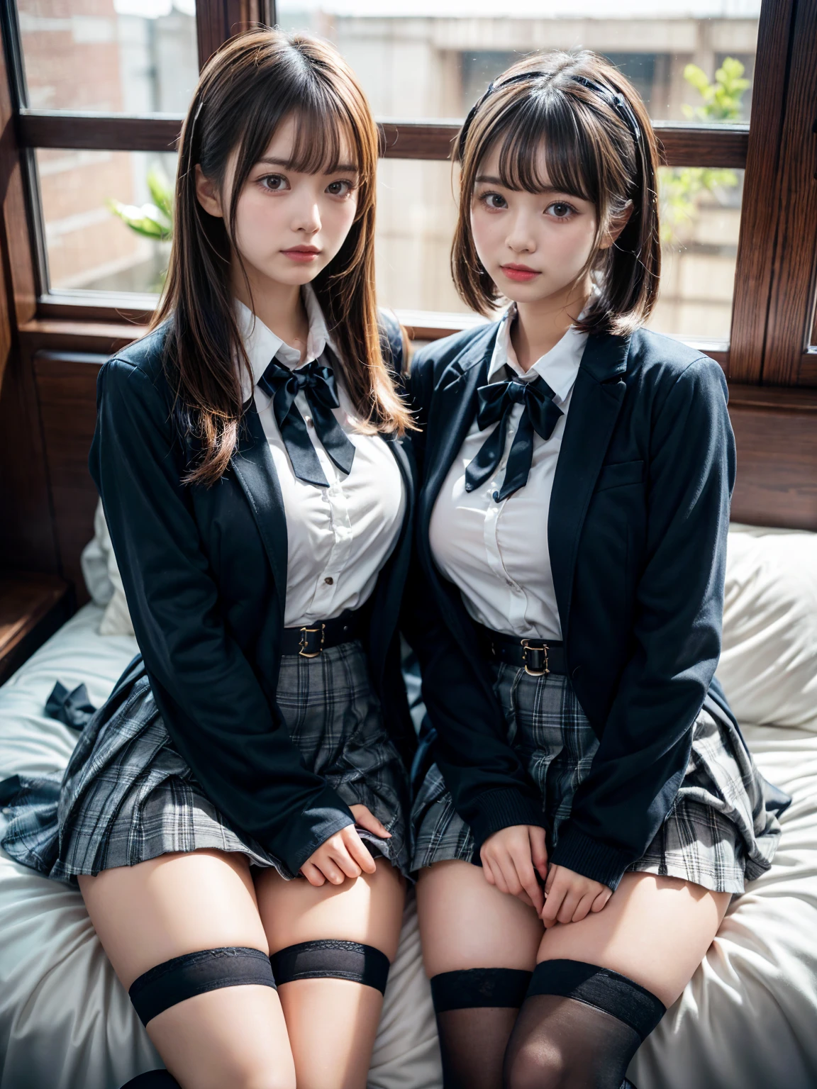 (8K, Raw photography, top-quality, ​masterpiece:1.2), muster piece, best quality, illustration, Super detailed, fine details, High resolution, 8K,wall paper, perfect dynamic composition,(Details High quality, realistic depiction of eyes:1.3), ((2 girls, 2 girls)), The background is a luxury hotel room、High school girl uniform、blazer 、Super Short Check Uniform Skirt、Navy blue high socks、garterbelts、Colossal tits、Disturbed uniform, Play with each other,Touching each other's bodies,Touching the body of the girl next door, short bob hair, black hair color, huge breasts, Big Natural Color Lip, bold sexy pose, (perfect body shape), crying a little、cold gaze, Harajuku style、Beautiful makeup,glitter makeup,Cutest 18 years old、 beautiful legs, hposing Gravure Idol, Voluptuous thighs