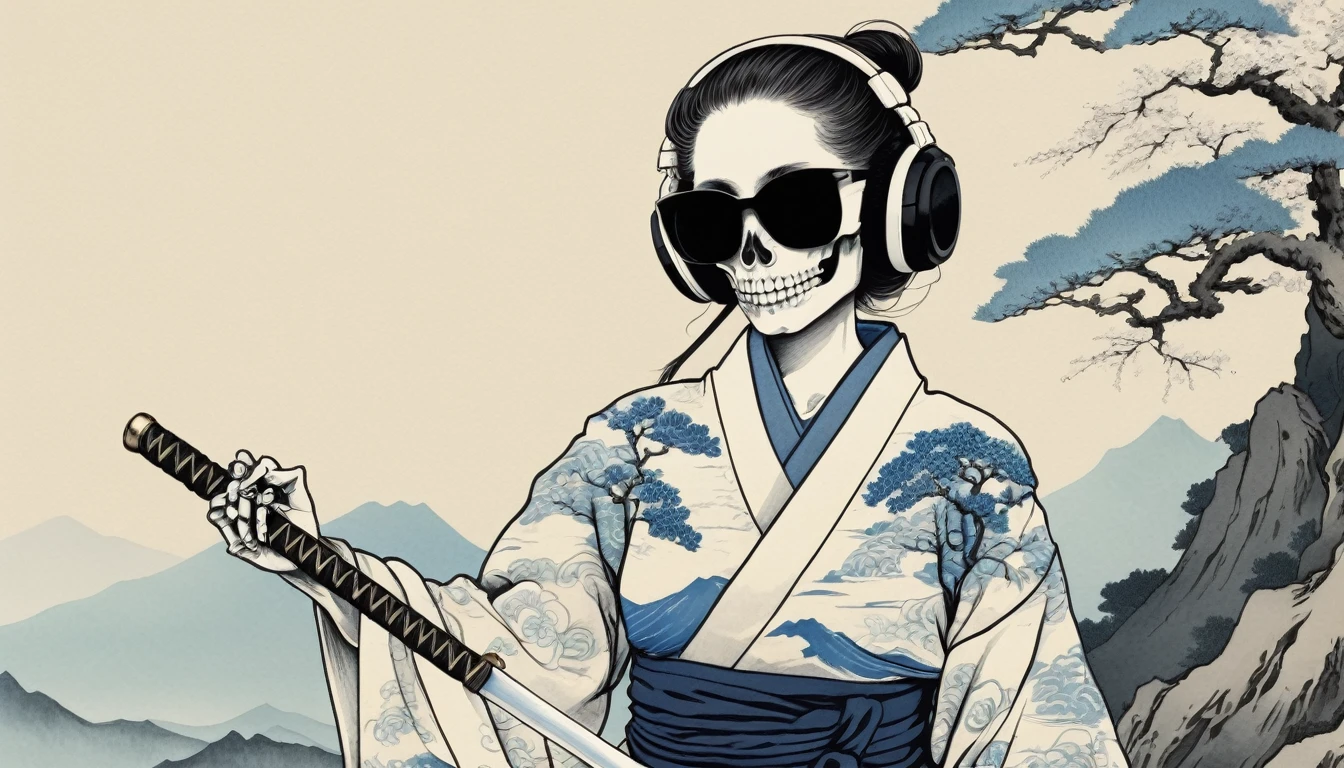 A female skeleton wearing a gorgeous kimono, Light colored sunglasses, Katsushika Hokusai, Ink Painting, Japanese style headphones, Holding a Japanese sword in one's mouth, Modern ukiyo-e style, Red Eyes