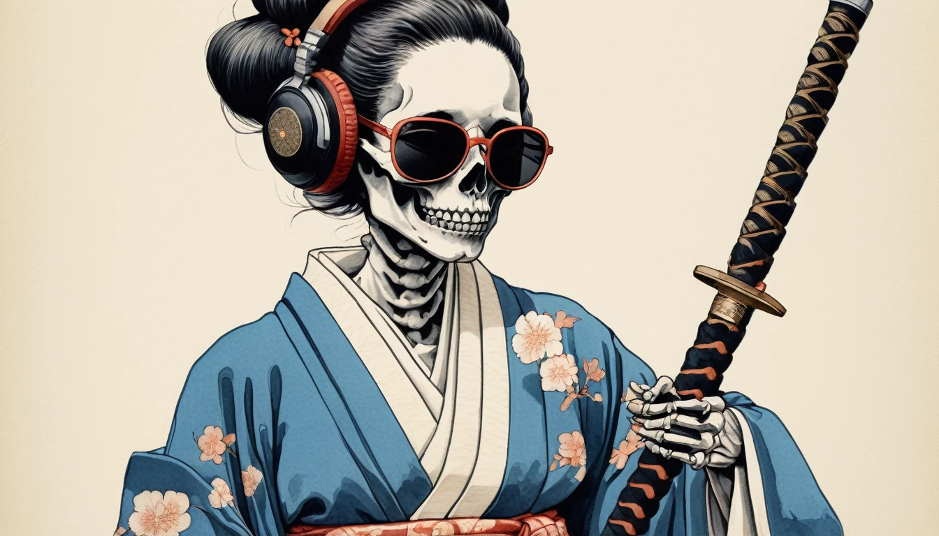 A female skeleton wearing a gorgeous kimono, Light colored sunglasses, Katsushika Hokusai, Ink Painting, Japanese style headphones, Holding a Japanese sword in one&#39;s mouth, Modern ukiyo-e style, Red Eyes