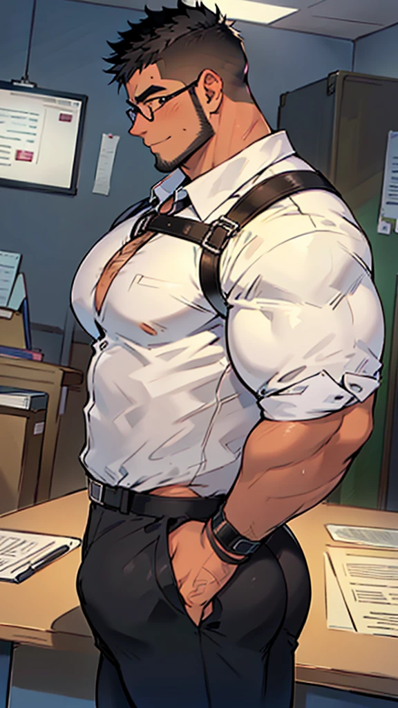 4k, masterpiece, high resolution:1.2, 1 man, solo, bara, muscular, big physique, crew cut hair, facial hair, chest, wide shoulder, biceps, thighs, triceps, butt, black hair, cute smile, friendly, standing in an office, wearing formal trousers, wearing formal stripes pattern office shirt, wearing glasses, upstairs office in the background, ultra detailed, shredded muscle, flat style (((wearing harness))) (((view from the side, thick huge ass))) and humping a table 