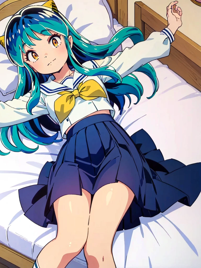 (masterpiece、Highest quality)、1 Girl、Lum, Sailor suit, Navy Blue Skirt, blush、Smile, Lying in bed、From above、With open arms, Mature, High definition