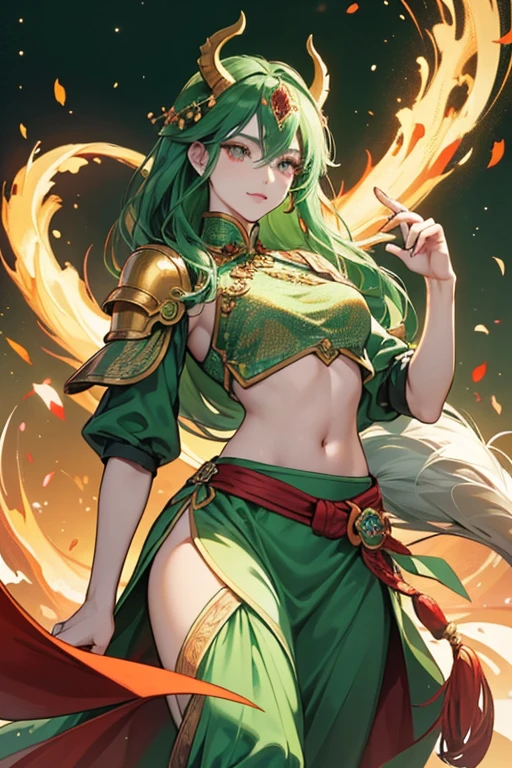 Qilin had orange skin and blank eyes without any pupils or irises. She wore a Chinese armor with a jade green chain mail covered by a dark green chest and abdominal plates with golden edges, a skirt armor with jade green chain mail, red and dark green shoulder plates with golden edges and red spiral-shaped ornaments at her waist with a long brushy dark green tail with brilliant green tips. She also wore dark green pants with red coloring at her thighs with golden poleyns and her feet were hoofed. Protecting her head, she had a golden helmet that is shaped after the head of the mythical creature Qilin, having blank eyes just like her, a red mustache with two long whiskers, a long golden horn that branched itself into four tips, and a dark green mane with green tips. SPARKLE; GLITTER