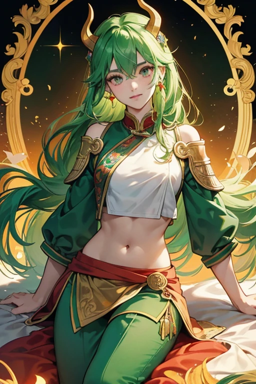 Qilin had orange skin and blank eyes without any pupils or irises. She wore a Chinese armor with a jade green chain mail covered by a dark green chest and abdominal plates with golden edges, a skirt armor with jade green chain mail, red and dark green shoulder plates with golden edges and red spiral-shaped ornaments at her waist with a long brushy dark green tail with brilliant green tips. She also wore dark green pants with red coloring at her thighs with golden poleyns and her feet were hoofed. Protecting her head, she had a golden helmet that is shaped after the head of the mythical creature Qilin, having blank eyes just like her, a red mustache with two long whiskers, a long golden horn that branched itself into four tips, and a dark green mane with green tips. SPARKLE; GLITTER