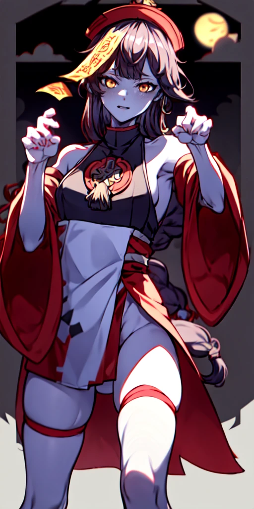 lora:flat:-1.2, masterpiece, best quality, 4k, 8k, 1 woman, solo, tall stature, long hair, blunt bangs, side braid, black hair, ugly face, bad face, bad eyes, droopy eyes, unclear eyes, ruby red eyes, lemon yellow eyes, pale skin, black eyeliner, black eye shadow, heterochromia, slender frame, sad, ofuda, jiangshi costume:1.2, fang, horror, coffin, forest, dark night, stormy weather, fog, from front, cowboy shot, look at viewer, paw pose,