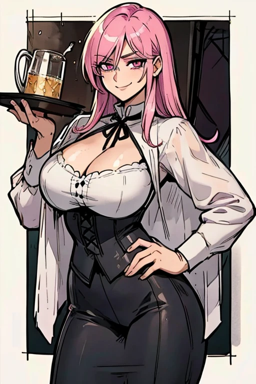 Perfect face, Perfect hands. A pink haired female cowboy with violet eyes with an hourglass figure in a sheriff's outfit is drinking at the saloon with a big smile