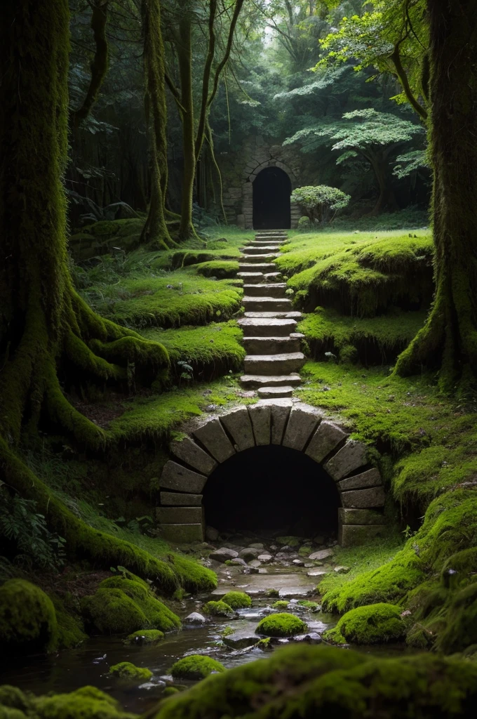 Ancient well with moss in the darkness 