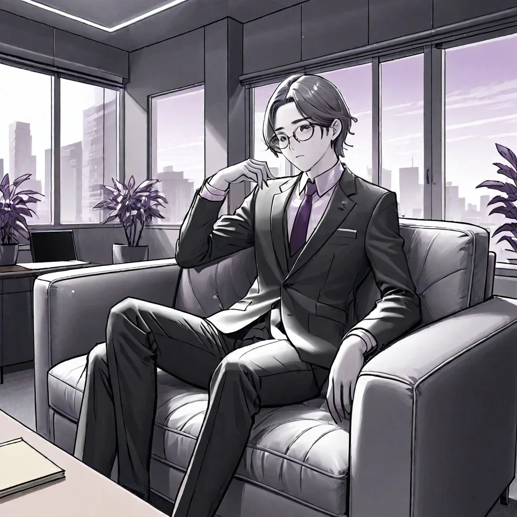 A man wearing glasses,Wearing a gray and black suit,Company executives,Sitting on the sofa in the office。Line drawing style,Suspenseful dark style。Black and White、yellowish、Lilac main color。