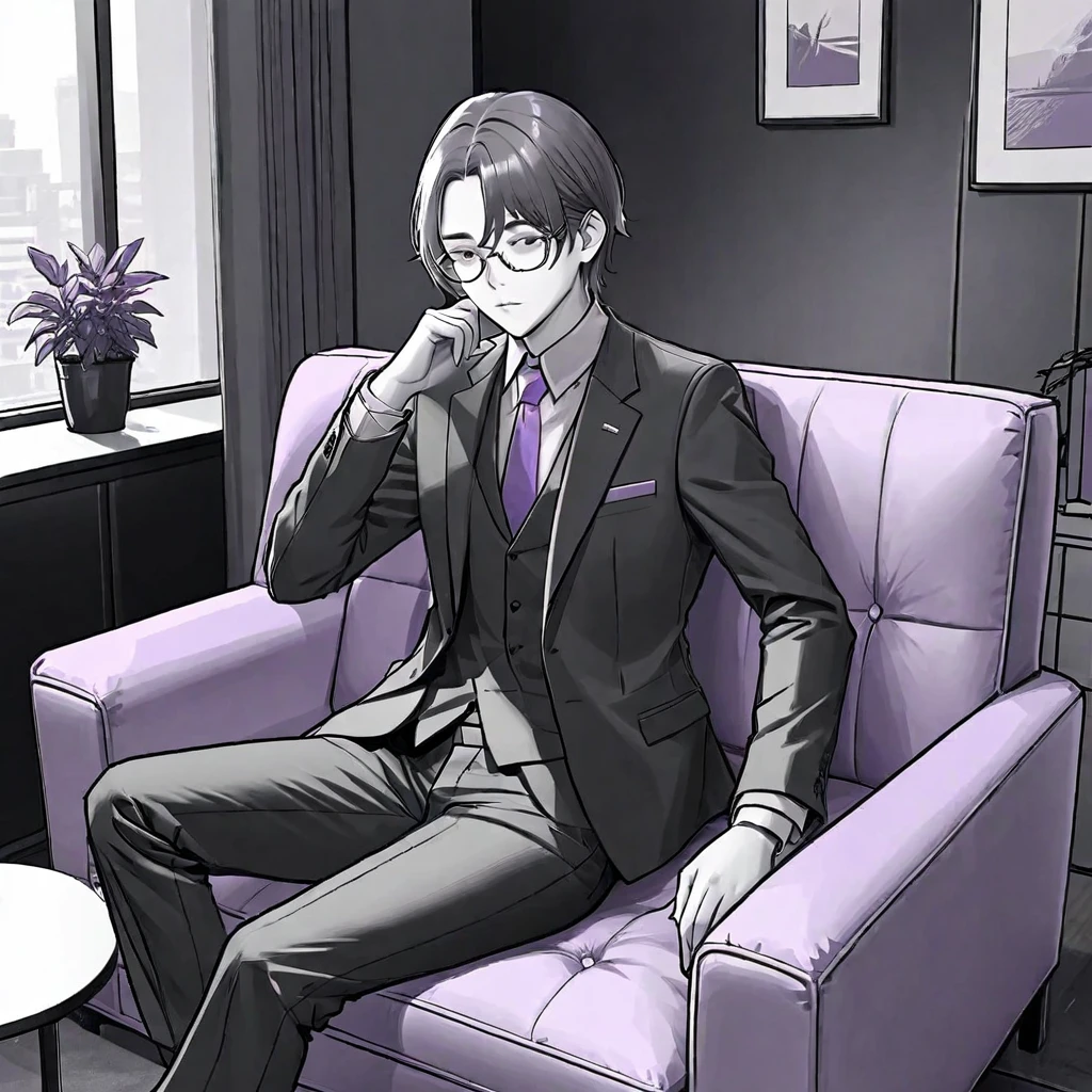 A man wearing glasses，Wearing a gray and black suit，Company executives，Sitting on the sofa in the office。Line drawing style，Suspenseful dark style。Black and White、yellowish、Lilac main color。