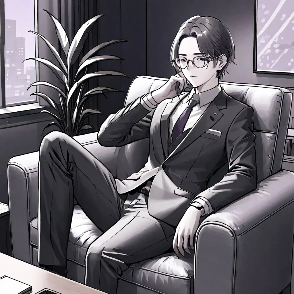 A man wearing glasses，Wearing a gray and black suit，Company executives，Sitting on the sofa in the office。Line drawing style，Suspenseful dark style。Black and White、yellowish、Lilac main color。