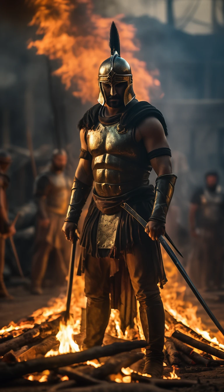 Draw a Spartan warrior standing beside a roaring bonfire, his silhouette cast against the flames, battle atmosphere background, hyper realistic, ultra detailed hyper realistic, photorealistic, Studio Lighting, wearing a gold crown, reflections, dynamic pose, Cinematic, Color Grading, Photography, Shot on 50mm lens, Ultra-Wide Angle, Depth of Field, hyper-detailed, beautifully color, 8k