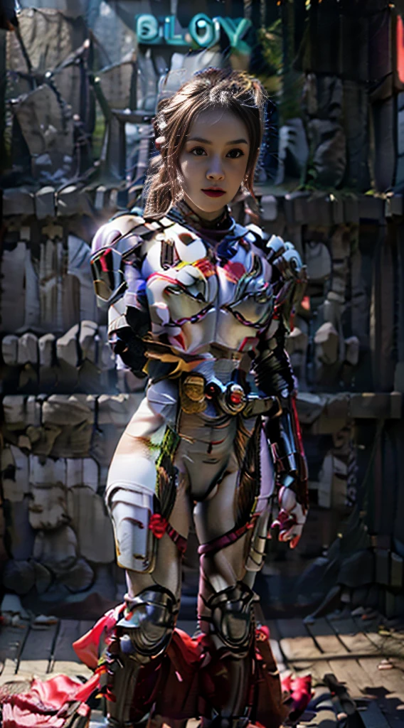Full body, 1 girl solo, perfect_hand, (8k, RAW photo, best quality, masterpiece:1.2), (realistic, photo-realistic:1.4), (extremely detailed CG unity 8k wallpaper),full body, (neon lights), machop, wearing armor, japanese clothes, dress, sit down