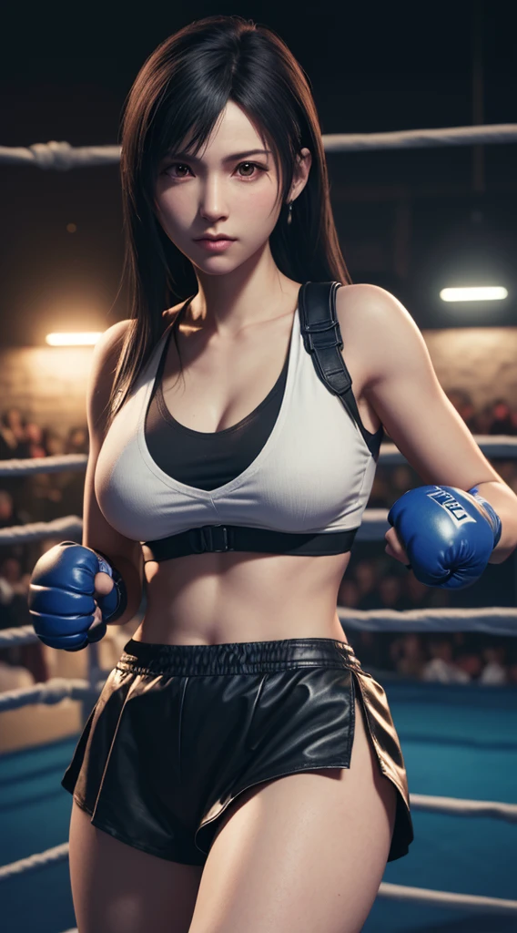 (best quality, ultra-detalhado, Realistic:1.37), Tifa Lockhart, boxing gloves, serious face, ultra texture, vivid colors, soft lighting