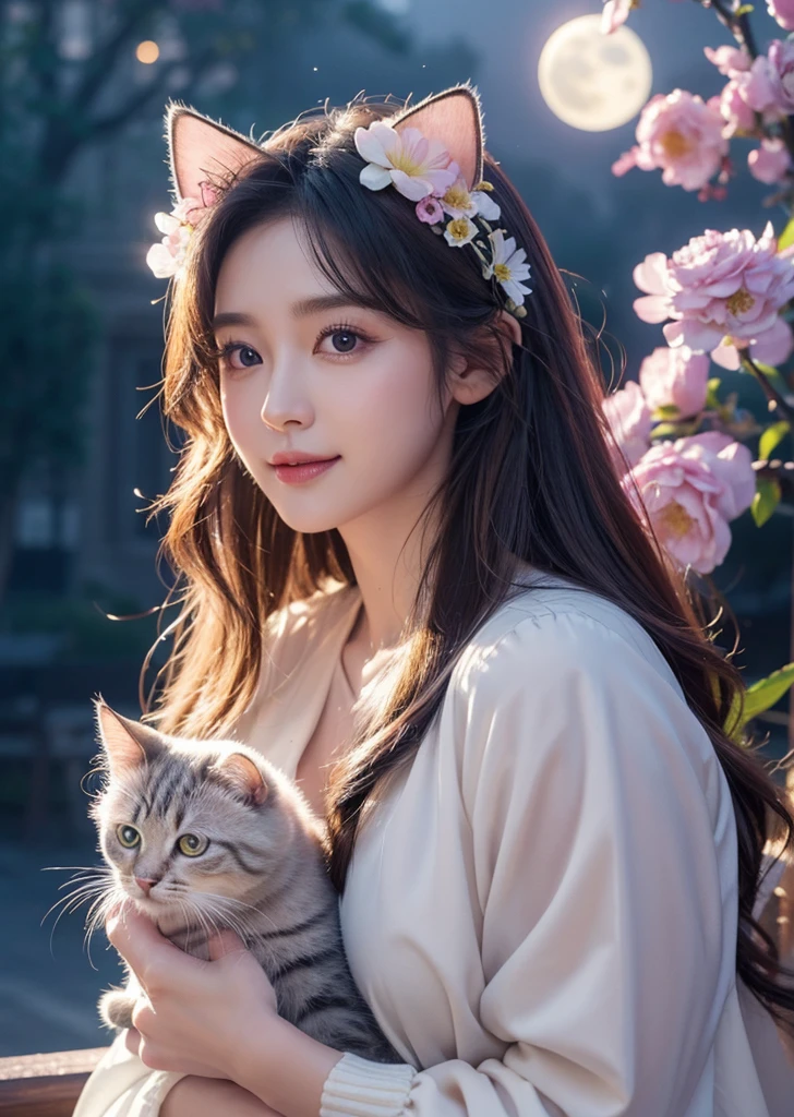 Diffuse lighting、 Highest quality, High resolution, unity 8k wallpaper、Supersaturation, Colorful, fairy tale, dream-like, Movie-like characters, oil, 3d, 8K resolution, Sequins, Sparkling, moonlight, Close-up portrait adorable,Too cute cat, Fine grain, Large, round, reflective eyes,Dreamland、pastel colour、pleasant to the touch、Facing forward、smile、full moon、Mysterious Flower、Beautiful cat、cute cat、