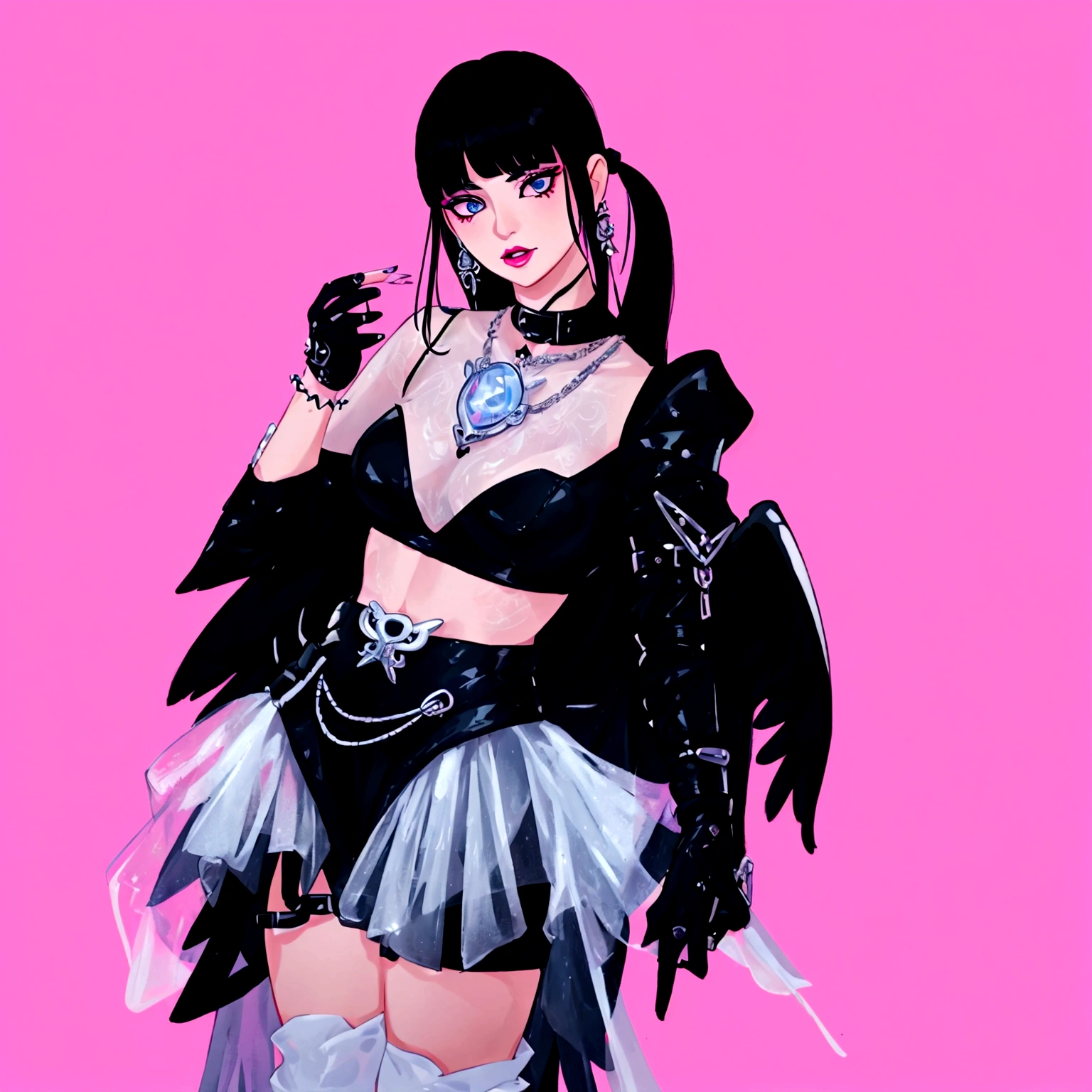 arafed image of a woman in a black outfit imvu, as a mystical valkyrie, villainess has black angel wings, second life avatar, inspired by Sim Sa-jeong, upper body avatar, goth girl aesthetic, she has black hair with bangs, portrait of jossi of blackpink, HD, Detailed, clear color, high quality