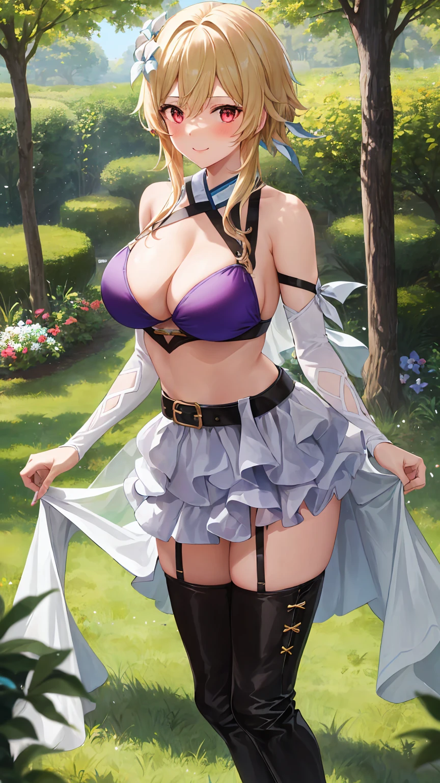 1girl, solo, luminedef, cleavage, (glowing red eyes)
BREAK (layered bikini, microskirt, official alternate costume, purple belt, purple bikini, revealing clothes, short sleeves, skirt, swimsuit, thigh boots, thighhighs:1.2),
BREAK (Standing: 1.7), Blushing, Embarrassing, Big, Smile,
BREAK ball gown, in the garden of trees, wedding decorations, 
BREAK ((top quality, 8k, masterpiece: 1.3, ultra hd, high quality, best quality, high definition, realism)), sharp focus: 1.5, Beautiful woman with Slim body, (perfect hands, perfect anatomy),