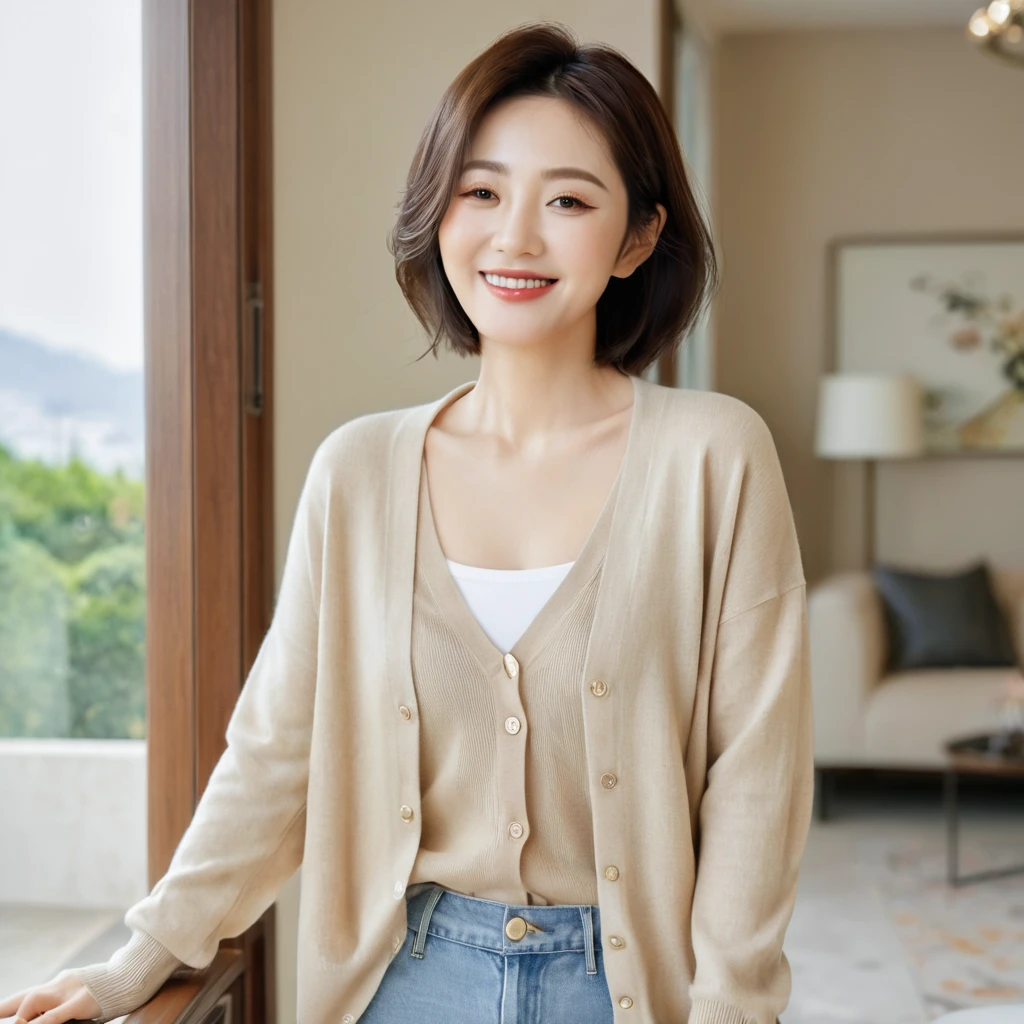8k best picture quality, Beautiful 36-year-old Korean woman, The eyes are big, round and clear.. smile. short medium hair. Chest size 34 inches, Wearing a cardigan and beige jeans. Standing by the window in the living room of a luxury mansion, full body shot, Your eyes are big and pretty