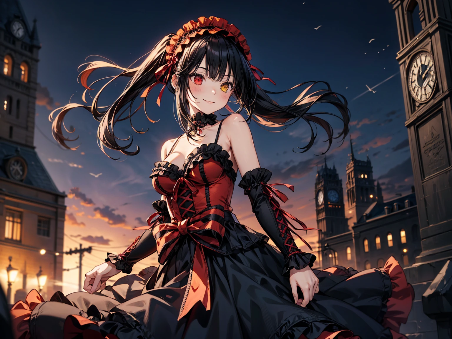 Very detailed, highest quality, masterpiece, gravure body type, medium breasts, moody angle, cowboy shot,( 1girl, solo:1.5), aakurumi, long hair, twintails, hairband, heterochromia, medium breasts, cleavage, black choker, red ribbon, bare shoulders, gothic, red dress, red bow, detached sleeves, very detailed background, outdoors, smile, Confident posture, night, city,( Clock tower in the background), wind