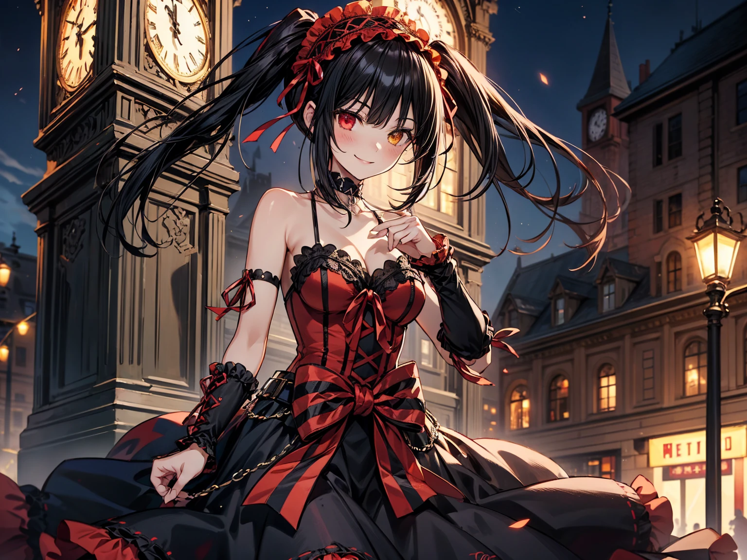 Very detailed, highest quality, masterpiece, gravure body type, medium breasts, moody angle, cowboy shot,( 1girl, solo:1.5), aakurumi, long hair, twintails, hairband, heterochromia, medium breasts, cleavage, black choker, red ribbon, bare shoulders, gothic, red dress, red bow, detached sleeves, very detailed background, outdoors, smile, Confident posture, night, city,( Clock tower in the background), wind