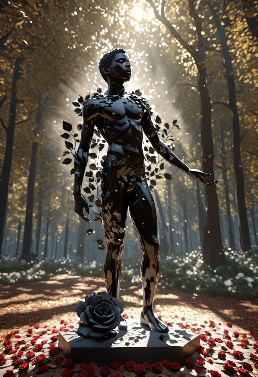 Full body shot of a black boy sculpture holding a banquet of roses, in a forest with leaves falling from the sky, sunlight piercing through the forest providing a contrast of leaves shadows around the sculpture. 32k ultra HD, unreal engine rendered, hyper-realistic image,