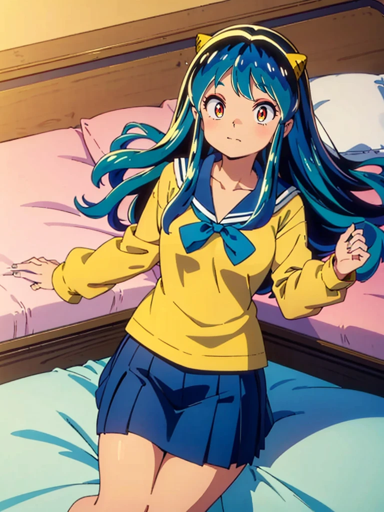 (masterpiece、Highest quality)、1 Girl、Lum, Sailor suit, Navy Blue Skirt, blush、Smile, Lying in bed、From above、With open arms, Mature, High definition