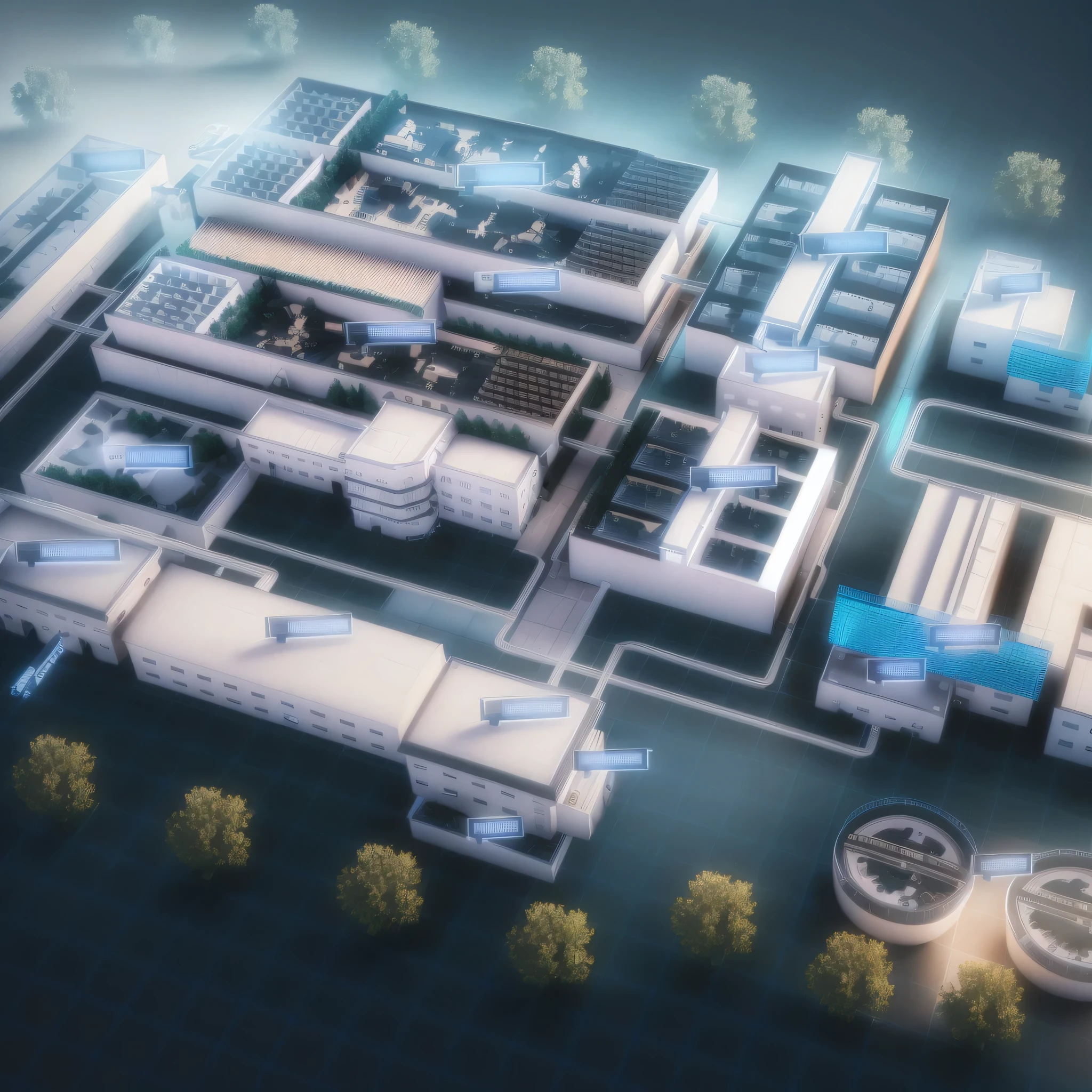 Building IoT Model Image, Isometric 3d rendering, Clear data, extreamly detailed data center, Detailed Factory, High-tech environment, industrial plant environment, Detailed Data Center, Isometric drawing, 2D Axonometric Top View, IoT production facilities, Pre-rendered isometric graphics,Technology,Futuristic