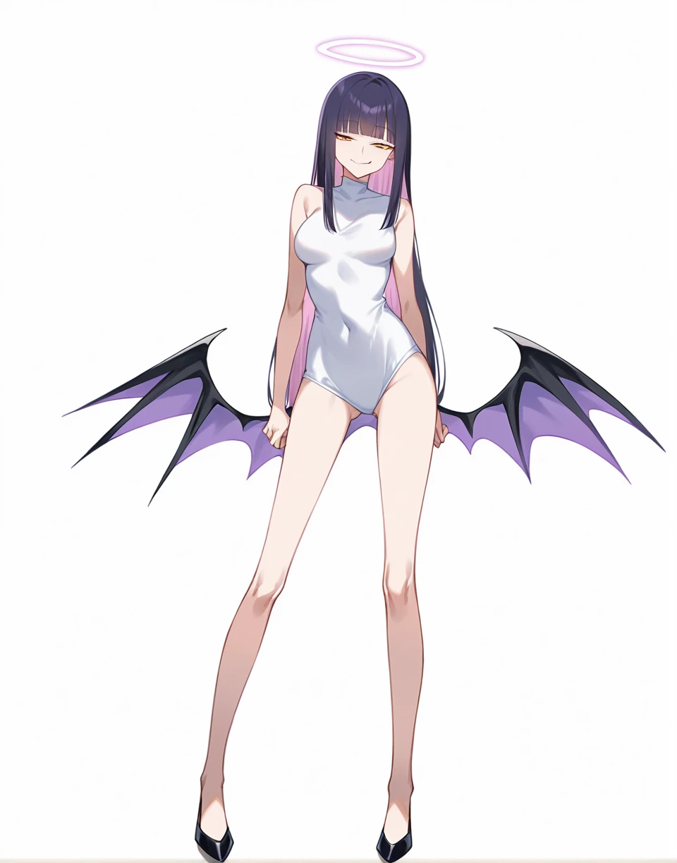 solo, gold eyes, (tsurime), colored inner hair, light pink inner hair, long straight hair, hime cut, angel halo, (small low wings), medium breasts, slender, best quality, (half-closed eyes, smirk, full-face bulsh), (opened mouth:0.5), full body, long legs, from front, arms at side, standing, (completely nude, nipple piercing, naval piercing, rope, shibari, bound wrists, leash, pussy juice,), (white background:1.5)
