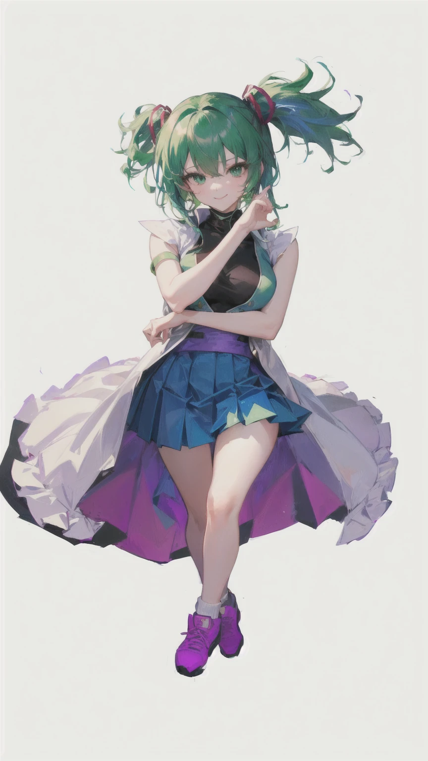 Green hair blue skirt anime girl, Wear漂亮裙子的cute动漫女孩, Anime cute art style, Wear, Beautiful and charming anime woman, Official Character Art, Attractive anime girl,Green Hair的动漫女孩, female anime character,Lively standing posture,enchanting,,absurd, ultra detailed, masterpiece, best quality, Aesthetic, detailed, Solitary, Smile, 1 Girl, Aqua eyes, Double tail, 长度中等的Double tail, 有点乱的Double tail,Hair between the eyes, Bangs, crossed Bangs, Messy hair, Small Breasts, Shut up,Sleeveless shirt, Open coat, turtleneck, Purple sneakers, Half-taken off purple coat, Card issuance, Girl,Green Hair,Green Hair,Green Hair,Green Hair,thin,Thin legs,Charming pose,Sexy,Sexy,Red hair accessories,Ball between legs,Red and white ball,clown女,clown妆容,Purple skirt,Blue skirt,Ultra-clear,Ultra-clear,Looking at the camera,Full body portrait,Small breasts,cute,Exaggerated smile,Petite,slim,a beautiful Girl,Thin waist,clown,Ball between legs,Emerald green underwear,腿中间夹着Red and white ball,Right hand on the face,Left-handed scissorhands,Black raindrop pattern under right eye