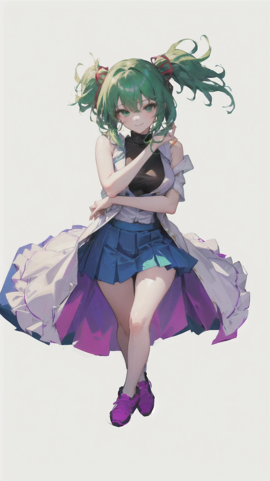 Green hair blue skirt anime girl, Wear漂亮裙子的cute动漫女孩, Anime cute art style, Wear, Beautiful and charming anime woman, Official Character Art, Attractive anime girl,Green Hair的动漫女孩, female anime character,Lively standing posture,enchanting,,absurd, ultra detailed, masterpiece, best quality, Aesthetic, detailed, Solitary, Smile, 1 Girl, Aqua eyes, Double tail, 长度中等的Double tail, 有点乱的Double tail,Hair between the eyes, Bangs, crossed Bangs, Messy hair, Small Breasts, Shut up,Sleeveless shirt, Open coat, turtleneck, Purple sneakers, Half-taken off purple coat, Card issuance, Girl,Green Hair,Green Hair,Green Hair,Green Hair,thin,Thin legs,Charming pose,Sexy,Sexy,Red hair accessories,Ball between legs,Red and white ball,clown女,clown妆容,Purple skirt,Blue skirt,Ultra-clear,Ultra-clear,Looking at the camera,Full body portrait,Small breasts,cute,Exaggerated smile,Petite,slim,a beautiful Girl,Thin waist,clown,Ball between legs,Emerald green underwear,腿中间夹着Red and white ball,Right hand on the face,Left-handed scissorhands,Black raindrop pattern under right eye