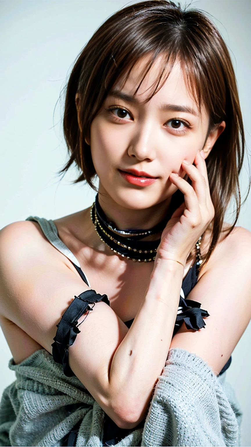 (8K、RAW Photos、Highest quality、masterpiece:1.2)、(Realistic、Realistic)、girl、のgirl、Selfie、Selphy、On your smartphone、 your smartphone撮影した画角、(Black Bikini、Micro Bikini、String Bikini、Black fishnet stockings、Boomerang Pants、Wrap a scarf around your neck、Too much exposure、Large Breasts、Bare Chest、Ofeet、Knead、smile、Medium Hair、View from the front、Wear stiletto heels、feetを広げる))、Lots of eyelashes、Glowing eyelids、skeletally correct