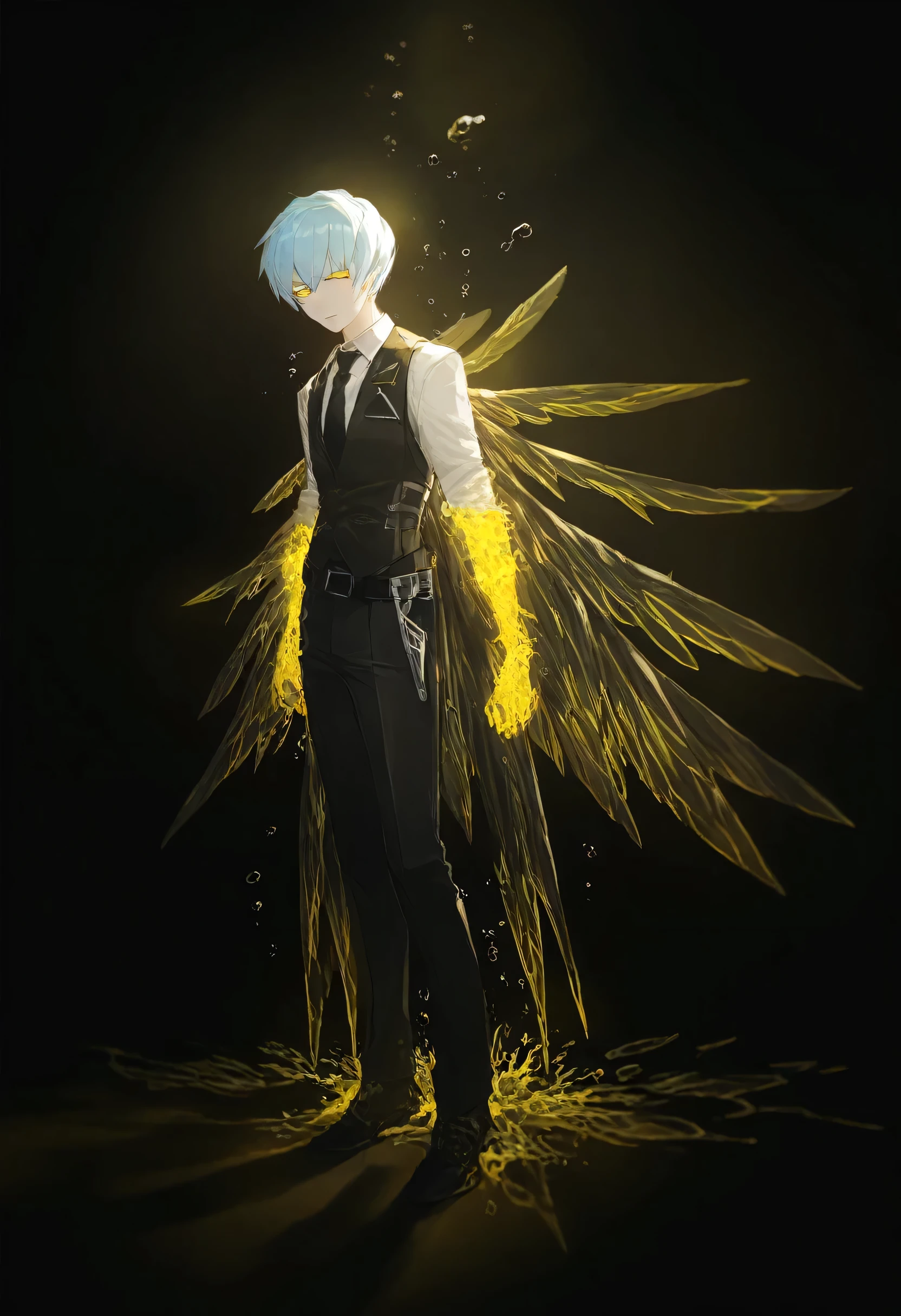 by mont blanc, 1 angela \(project moon\), e.g.o. \(project moon\), sad, glowing yellow eyes, bird girl, black background, looking at viewer, lighting and shadow, aesthetic, detailed, beautiful color, amazing quality, black feather, lens flare, (masterpiece), (best quality), (ultra detailed),(disheveled hair),(illustration), (1boy), (Fashionable clothing), standing, Fashion model, looking at viewer, (interview), (simple background),beautiful detailed eyes, delicate beautiful face, Floating,(high saturation),(colorful splashes), male_focus, vest, multicolored_hair, shirt, black_footwear, pants, black_vest, two-tone_hair, necktie, black_pants, black_necktie, full_body, black_hair, short_hair, belt, standing, white_hair, focus on face, best lighting, best shadow, 1boy, solo