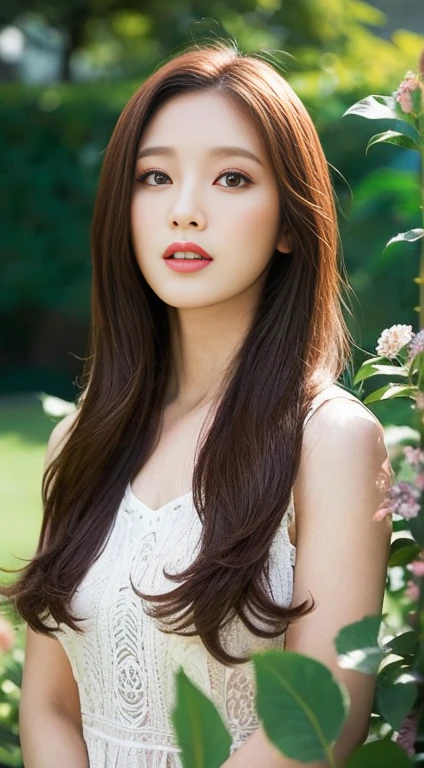 (25-year-old sweetheart), flower garden in the background, (Maximum resolution: 1.4), (Super high vision: 1.2), light, Super high vision,Make one&#39;Rosy cheeks:1.2、 (Delicate eyes and skin), (Detailed facial features), Not suitable for working hours, 8k resolution, Perfect style, Beautiful expression、Highly detailed face and skin textures、Delicate eyes、Double eyelids、Glitter Eyeliner:1.2、Glowing skin、（pure White skin:1.8)、（White skin:1.8)、Red Rouge、Dark lipstick:1.2、Small sparkly necklace and earrings、（Glossy lips:1.2)、Glossy lips:1.2、((full-body shot:1.2))、(Straight Hair、Light brown hair)、Long hair、(Very affectionate smile:1.3)、175 cm、Asahi