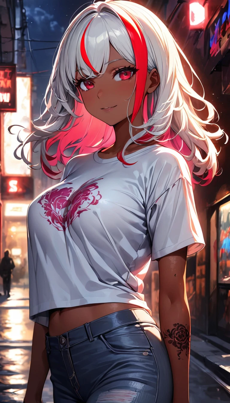 (highest quality:1.2, Very detailed, up to date, Vibrant, Ultra-high resolution, High Contrast, masterpiece:1.2, highest quality, Best aesthetics), Portraiture、girl、singer、Bright colors、Beautiful fine details、Beautiful lip detail、((plain white T-shirts:1.5)), midium wave hair、red and white ((streaked hair:1.6)), highlights hair: 1.5, red eyes, slim body, middium breast, (tan skin:1.1), standing、loose fit old jeans, (Floral Fineline tattoo design on left arm:1), Resolute expression、Avid Fan、Rock star aura、night town, (cowboy shot:1)