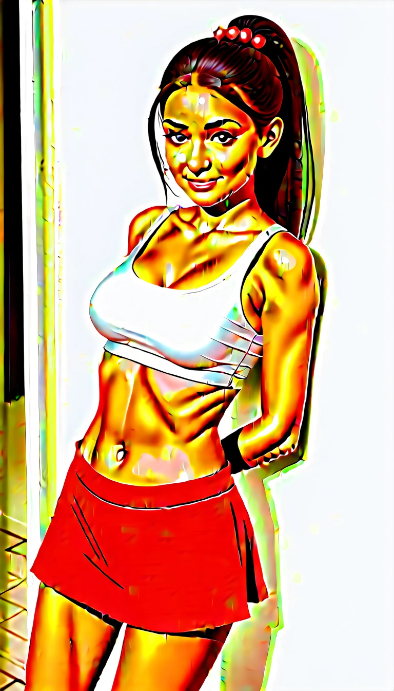 score_9, score_8_above, score_7_above, BREAK, (exterior, summer day:1.2), head tilt back, Leaning against the wall, leg flexion, beautiful, round face, long black twintail hair, alternative environment, 25 years, (italian woman:1.3), medium olive skin, high cheekbones, Stunning brown eyes, extra large breasts, subtle neckline, (cozy living room), oversized white crop top, mini skirt, dynamic angle, vibrant lighting, High contrast, dramatic shadows, Very detailed, detailed skin, depth of field, film grain,