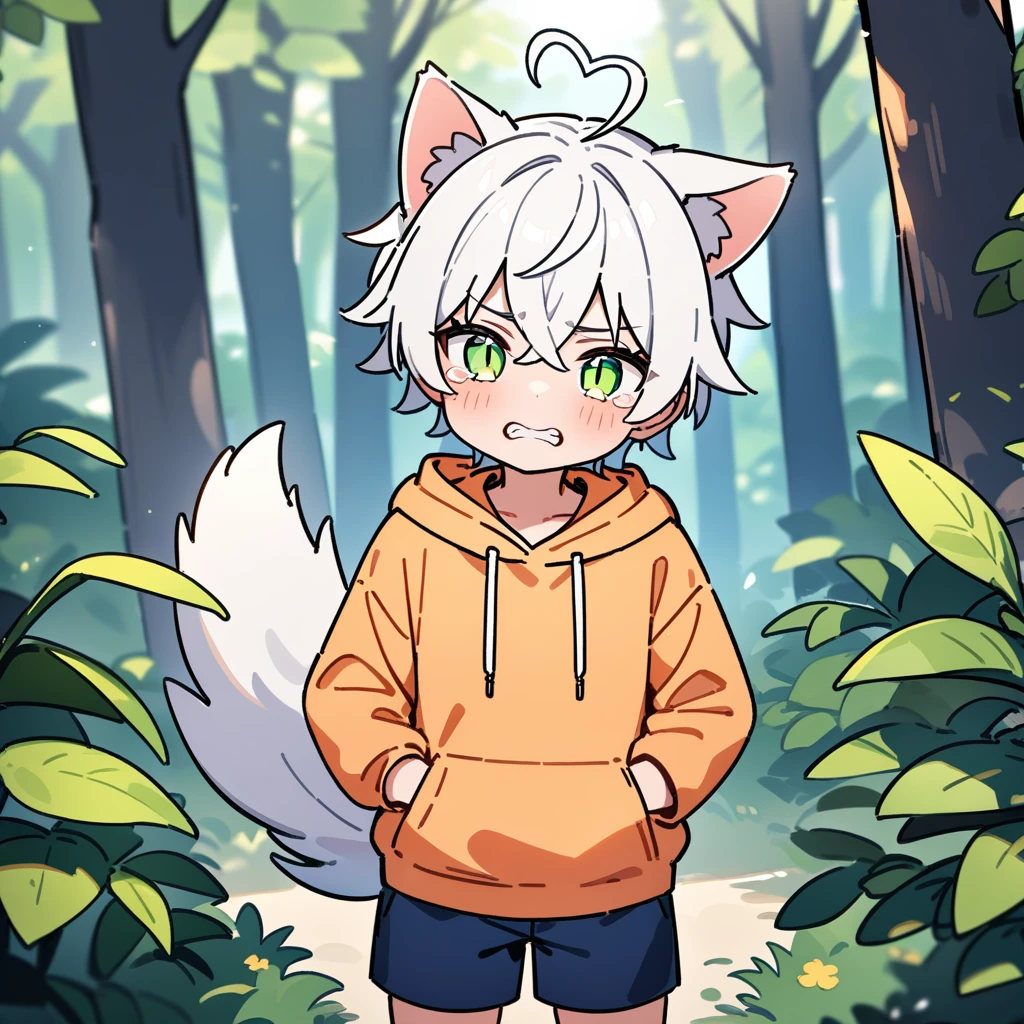 (masterpiece:1.2,high quality),8K,High resolution,A seven-year-old boy,cute boy,white hair,short hair,crossed bangs,light green eyes,slit pupils,heart ahoge,cat ears,clenched teeth,tears,Wearing a light orange hoodie,Dark blue shorts,Stand in the forest,There are flowering trees on both sides.,primary school student,thigh,alone,dog tail,(Put your hands in your pockets),((Put your hands in your pockets))