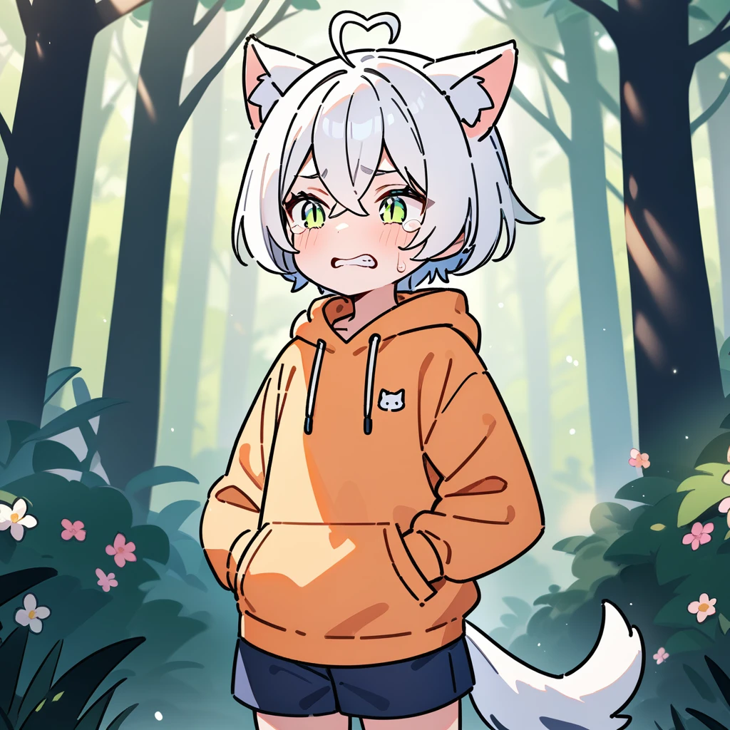 （masterpiece：1.2，high quality），8K，High resolution，A -year-boy，c boy，white hair，short hair，crossed bangs，light green eyes，slit pupils，heart ahoge，cat ears，clenched teeth，tears，Wearing a light orange hoodie，Dark blue shorts，Stand in the forest，There are flowering trees on both sides.，primary scho，dog tail，（Put your hands in your pockets），（（Put your hands in your pockets））