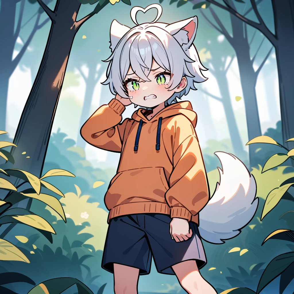 （masterpiece：1.2，high quality），8K，High resolution，A seven-year-old boy，cute boy，white hair，short hair，crossed bangs，light green eyes，slit pupils，heart ahoge，cat ears，clenched teeth，tears，Wearing a light orange hoodie，Dark blue shorts，Stand in the forest，There are flowering trees on both sides.，primary school student，thigh，alone，dog tail，（Put your hands in your pockets），（（Put your hands in your pockets））