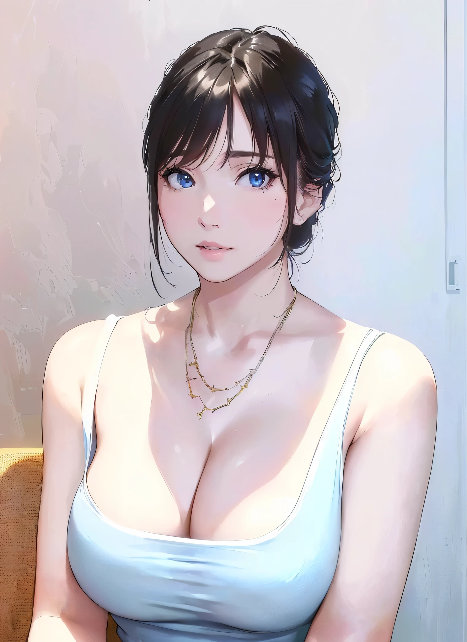 (best quality,4K,8K,High resolution,film master:1.2),Super detailed,(Practical,realistically,realistically:1.37), A woman with very large breasts poses for a photo, Cleavage, large breasts, biggest breast, huge breast, necklace