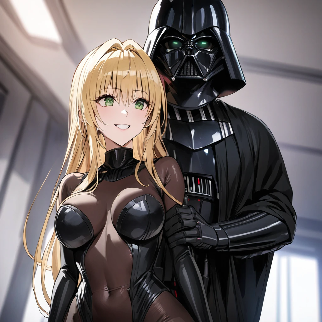 ((Highest quality)), ((masterpiece)), (detailed), （Perfect Face）、The woman is the Sith Lord Tearju, with green eyes, blonde medium-long hair, and is wearing the same bodysuit and protector as Darth Vader, as well as a full-face helmet and a black cloak.、The woman is standing next to Darth Vader and smiling sweetly at him.