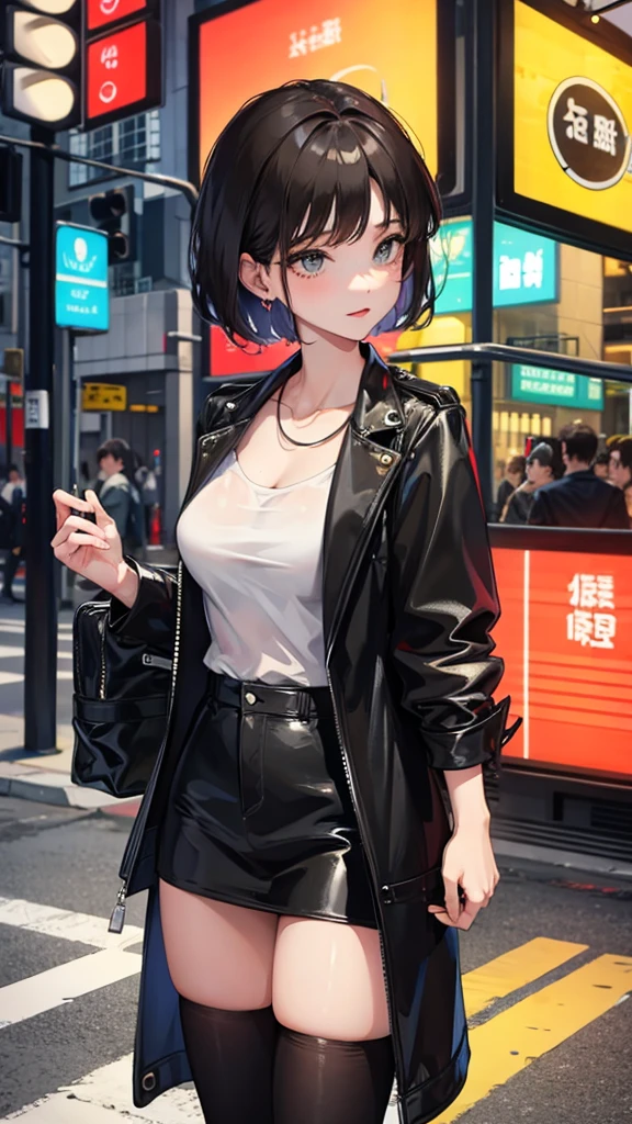 sexy girl, short hair, , at traffic light,
