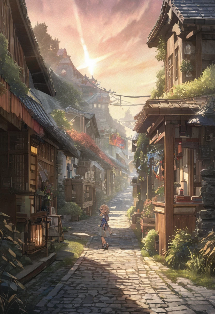 masterpiece,highest quality,ultra-detailed,high-definition background,8K,hi-res,high quality,BREAK, japanese manga style, sketch, Watercolor Colors.ハイクオリティなmasterpiece、landscape、anime、Japanese Town、traditional town、明るい星null。BREAK ロマンチックな古い町並み, null, pixiv, Concept Art, Lofi Art Style, reflection. by Makoto Shinkai, lofi art, Beautiful anime scene, BREAK animeのlandscape, 詳細なlandscape - width 672, in style of Makoto shinkai, style of Makoto shinkai, enhanced details, BREAK,Detailed,Realistic,4k highly detailed digital art,octane render、 Bioluminescence,BREAK 8K解像度Concept Art,realism,by Mappa Studios,masterpiece,最high quality,Official Art,An illustration,ligne claire,(cool_Farbe), Perfect composition,Absurd,Fantasy,concentrated,Rule of thirds,High detail,animeーション,animeーションのスタイル、 Shine, Film lighting, god々Shining rays, Shine光, reflection光, Get closer, Lens flare, masterpiece, High Detail, 最high quality, Ultra detail, high quality, animeーション背景, animeーション壁紙, sunny, 明るい青null, Dramatic lighting, 植wood鉢, plant, wood, Grass, Cobblestone Street, hometown, hometownの町, Summer vacation, memory, 夏のmemory, homecoming、countryside、CountrysiHometown,Children playing、Festivals、Children playing
