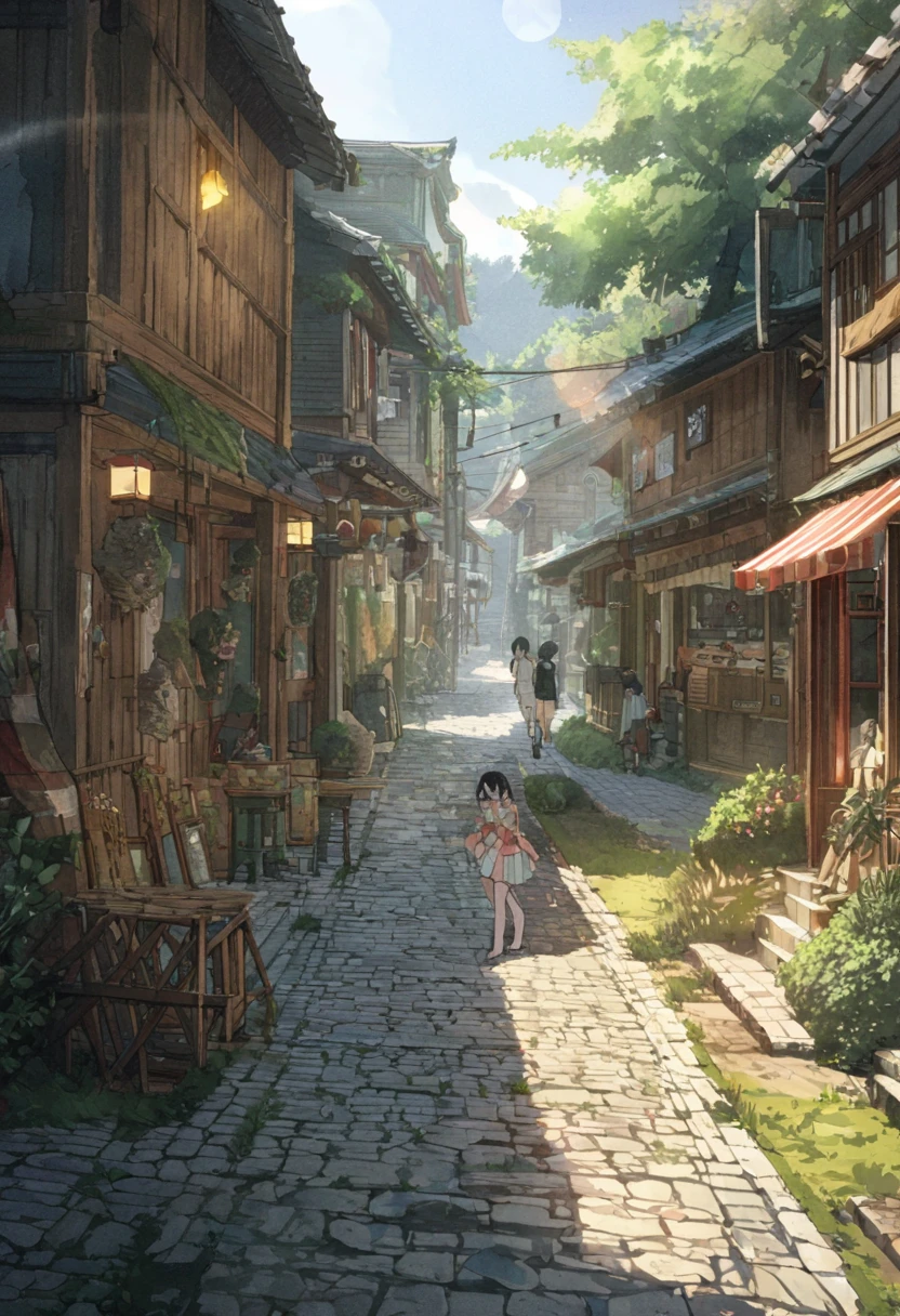 masterpiece,highest quality,ultra-detailed,high-definition background,8K,hi-res,high quality,BREAK, japanese manga style, sketch, Watercolor Colors.ハイクオリティなmasterpiece、landscape、anime、Japanese Town、traditional town、明るい星null。BREAK ロマンチックな古い町並み, null, pixiv, Concept Art, Lofi Art Style, reflection. by Makoto Shinkai, lofi art, Beautiful anime scene, BREAK animeのlandscape, 詳細なlandscape - width 672, in style of Makoto shinkai, style of Makoto shinkai, enhanced details, BREAK,Detailed,Realistic,4k highly detailed digital art,octane render、 Bioluminescence,BREAK 8K解像度Concept Art,realism,by Mappa Studios,masterpiece,最high quality,Official Art,An illustration,ligne claire,(cool_Farbe), Perfect composition,Absurd,Fantasy,concentrated,Rule of thirds,High detail,animeーション,animeーションのスタイル、 Shine, Film lighting, god々Shining rays, Shine光, reflection光, Get closer, Lens flare, masterpiece, High Detail, 最high quality, Ultra detail, high quality, animeーション背景, animeーション壁紙, sunny, 明るい青null, Dramatic lighting, 植wood鉢, plant, wood, Grass, Cobblestone Street, hometown, hometownの町, Summer vacation, memory, 夏のmemory, homecoming、countryside、CountrysiHometown,Children playing、Festivals、Children playing