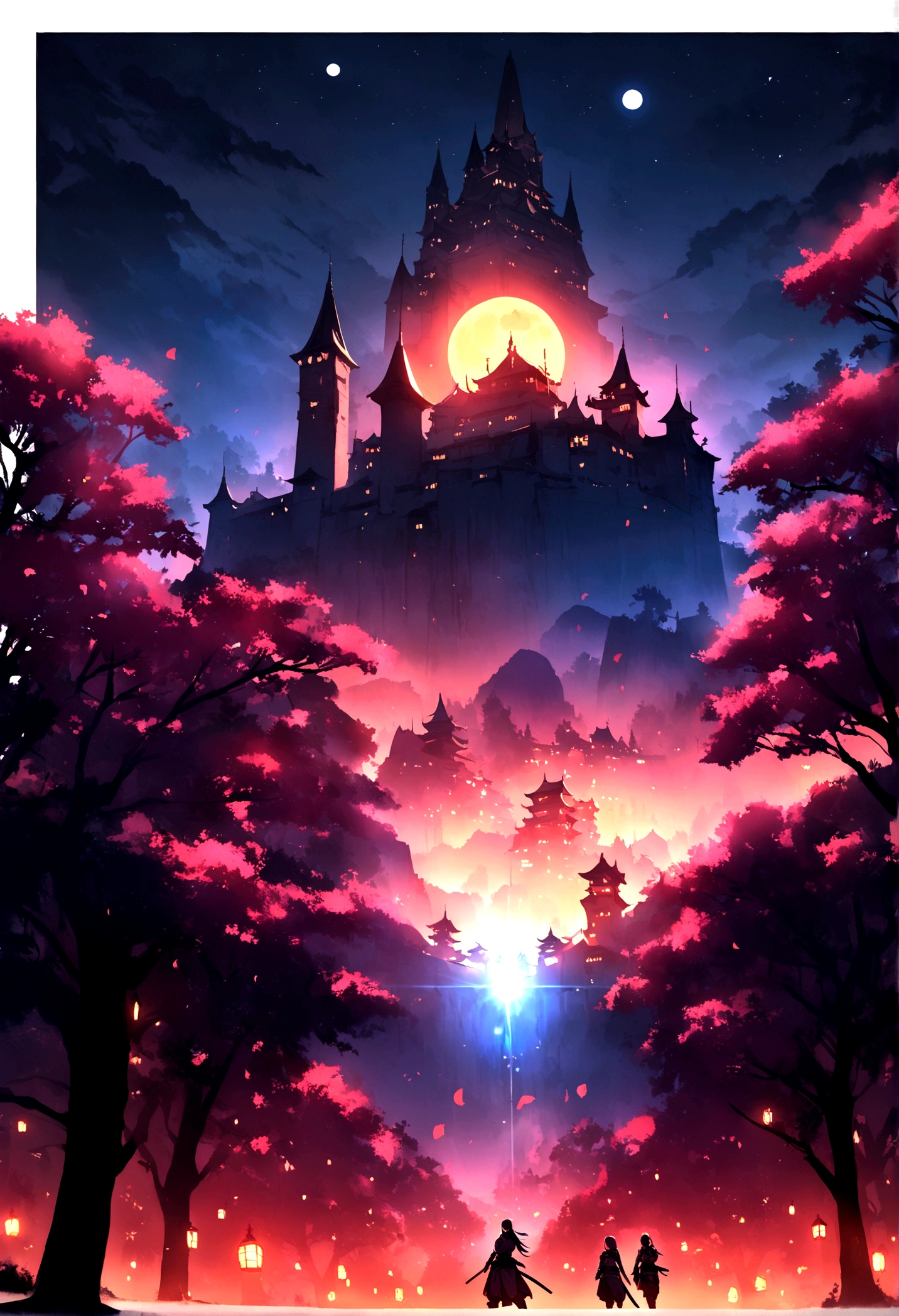 A fantastic night view, a castle standing in front of you, the moon, and a female ninja