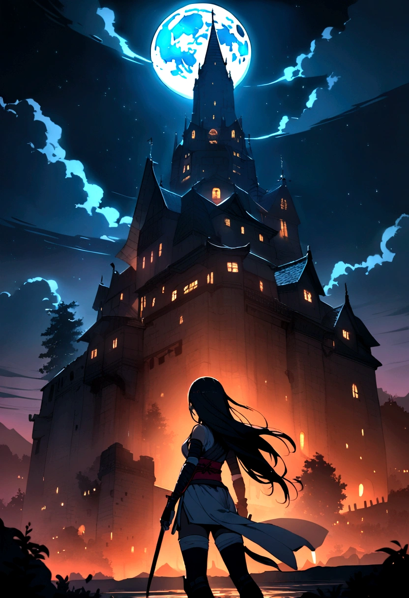 A fantastic night view, a castle standing in front of you, the moon, and a female ninja