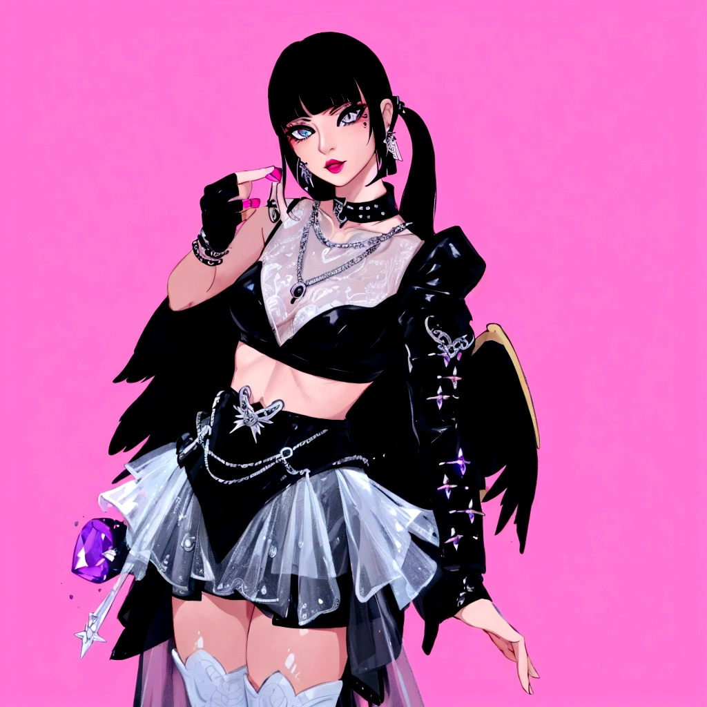 arafed image of a woman in a black outfit imvu, as a mystical valkyrie, villainess has black angel wings, second life avatar, inspired by Sim Sa-jeong, upper body avatar, goth girl aesthetic, she has black hair with bangs, portrait of jossi of blackpink, HD, Detailed, clear color, high quality