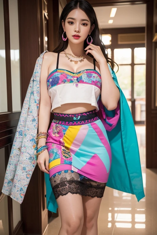 ssbbw, big belly, best quality, masterpiece, Fashion with a piece of fabric that exposes almost the entire upper body, H-shaped skirt that reveals more than 10cm above the knees, High heels that are very flashy and have a heel of more than 7 cm., large, colorful necklace, large and colorful earrings, large and colorful bracelets, Stockings with colorful and unconventional colors and patterns, Underwear with flashy and unconventional colors, patterns and shapes