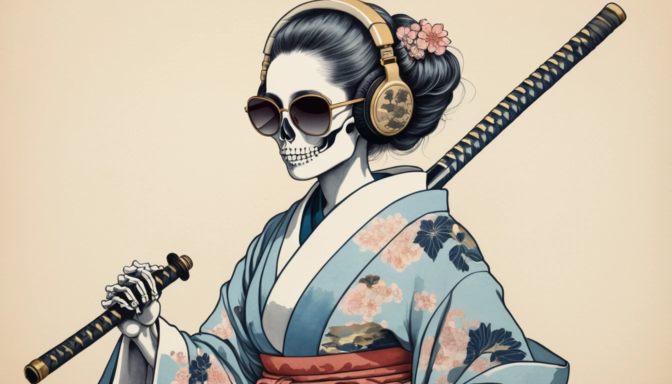 A female skeleton wearing a gorgeous kimono, Light colored sunglasses, Katsushika Hokusai, Ink Painting, Japanese style headphones, Holding a Japanese sword in one&#39;s mouth, Modern ukiyo-e style, Red Eyes