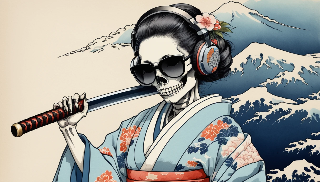 A female skeleton wearing a gorgeous kimono, Light colored sunglasses, Katsushika Hokusai, Ink Painting, Japanese style headphones, Holding a Japanese sword in one's mouth, Modern ukiyo-e style, Red Eyes