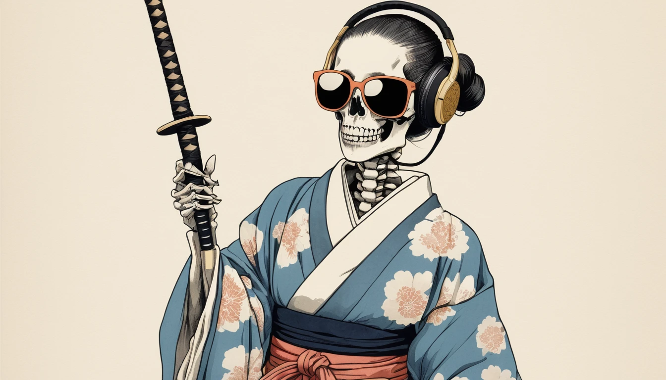 A female skeleton wearing a gorgeous kimono, Light colored sunglasses, Katsushika Hokusai, Ink Painting, Japanese style headphones, Holding a Japanese sword in one's mouth, Modern ukiyo-e style, Red Eyes