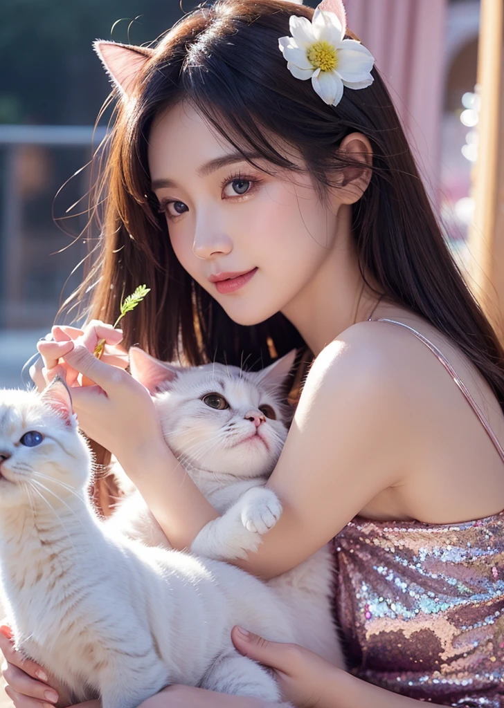 Diffuse lighting、 Highest quality, High resolution, unity 8k wallpaper、Supersaturation, Colorful, fairy tale, dream-like, Movie-like characters, oil, 3d, 8K resolution, Sequins, Sparkling, moonlight, Close-up portrait adorable,Too cute cat, Fine grain, Large, round, reflective eyes,Dreamland、pastel colour、pleasant to the touch、Facing forward、smile、full moon、Mysterious Flower、Beautiful cat、cute cat、